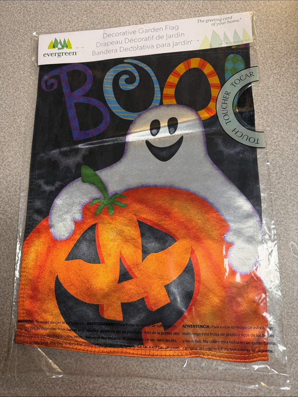 NWT Evergreen Halloween Garden Flag - White Ghost with Orange Pumpkin 12X18”